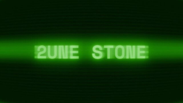 Old green CRT screen showing text RUNE STONE appearing in random glitch and coding style