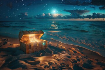 Glowing Pirate Chest on Deserted Island under Moonlight - Mystical Stock Image