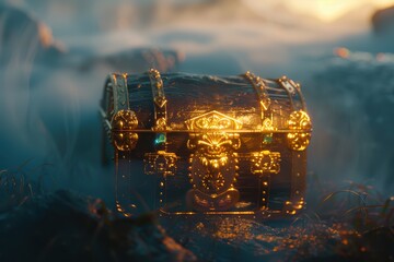 Close-Up of Glowing Pirate Treasure Chest with Gold and Emeralds - Magical Stock Image