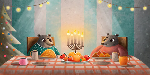 Two bears enjoy holiday treats with menorah glowing warmly in cozy lifestyle scene filled with Christmas spirit and festive lights