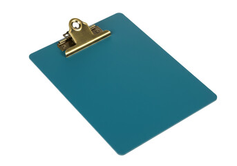 Isolated clipboard with metal clip and teal board for office or business needs, blank
