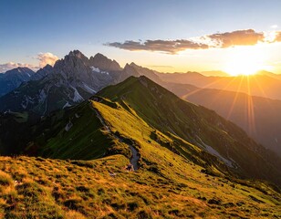 Panoramic Mountain Vista with Vibrant Sunset Radiating Over Jagged Peaks Green Slopes and Golden Grass under a Clear Sky Landscape in Golden Hour