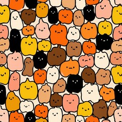 Happy halloween  vibrant pattern of cartoonish pumpkins featuring cheerful faces, ideal for seasonal decorations, product packaging, children's books, or festive marketing campaigns