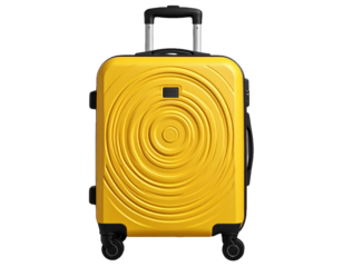 Bright Yellow Hard Shell Suitcase with Circular Textured Design on Wheels Isolated on Transparent Background