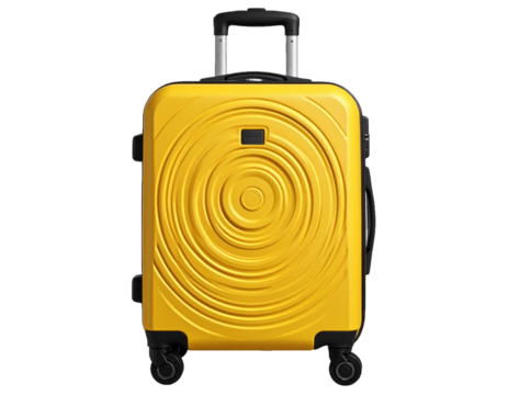 Bright Yellow Hard Shell Suitcase with Circular Textured Design on Wheels Isolated on Transparent Background - Powered by Adobe