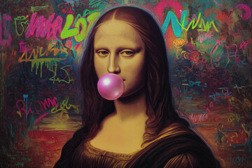 Mona Lisa blowing bubblegum in a colorful urban setting with graffiti