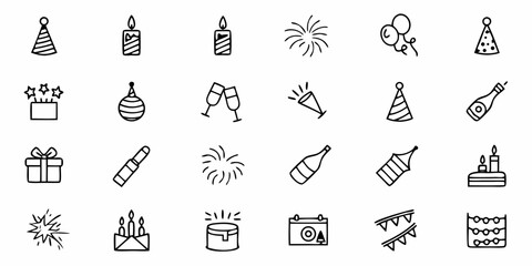 Naklejka premium Celebrate with vibrant party icons featuring festive hats, sparkling champagne, celebratory cakes, and joyful balloons perfect for invitations and decorations.