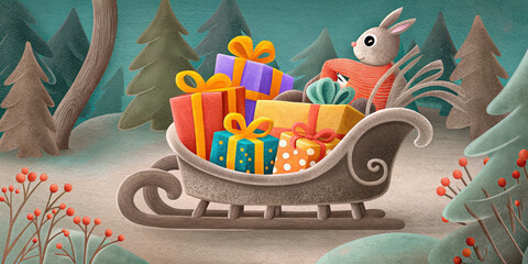 Christmas holiday lifestyle scene with rabbit riding sleigh full of colorful gift boxes in forest with pine trees and berries