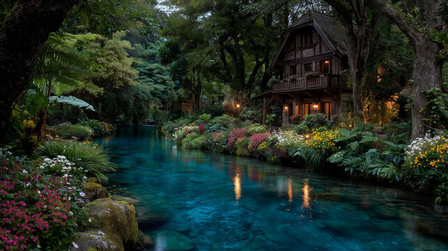 A big wooden house in the forest with the garde and and clear nature pool in frot of the house.