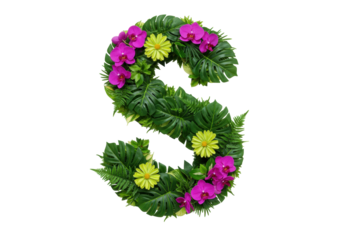 Isolated Floral Letter S design with tropical foliage and pink orchids, natural alphabet