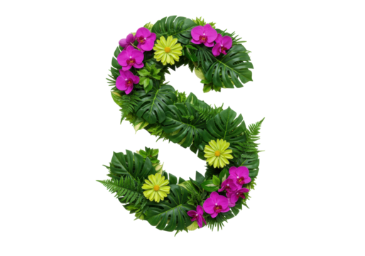 Isolated Floral Letter S design with tropical foliage and pink orchids, natural alphabet - Powered by Adobe