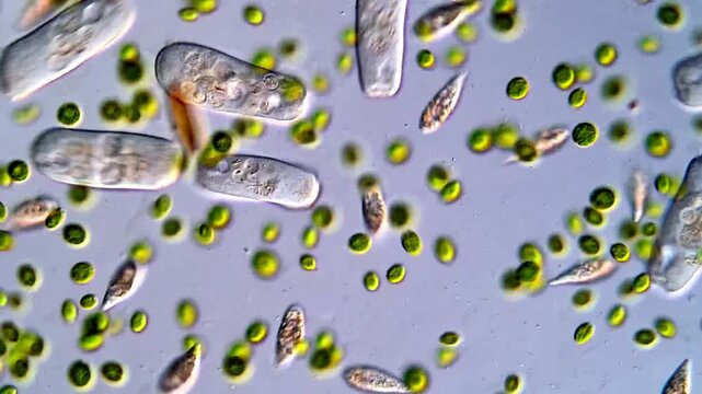 Microalgae and protozoa microorganism under microscopy view, 200x