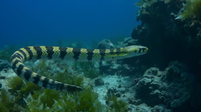 Colorful banded sea krait glides past lush green seaweed