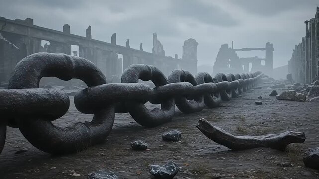 Massive rusted chain in a desolate industrial landscape