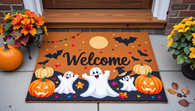 Colorful Halloween Welcome Mat with Ghosts, Pumpkins, and Fall Decorations