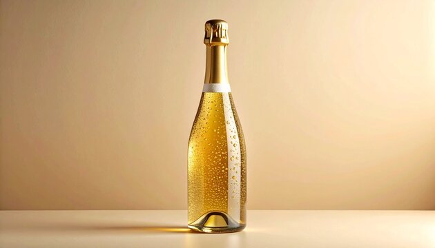 A sophisticated, chilled bottle of golden sparkling wine with condensation, standing against a minimalist beige background symbolizing celebration