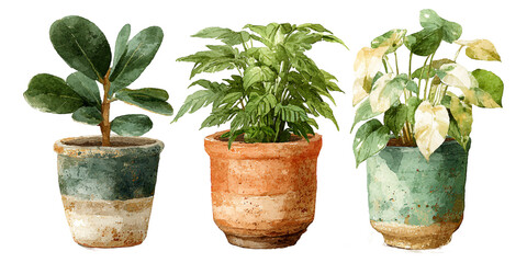 Clipart of three isolated watercolor potted plants, PNG transparent