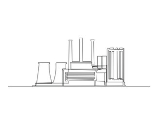 factory building, nuclear power plant  in single outline illustration. Continuous line art drawing of  industrial power plant. Editable stroke.