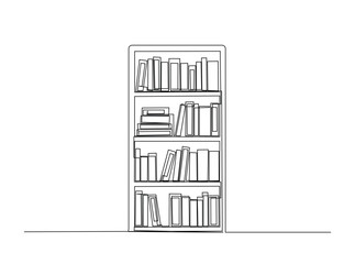 Library bookshelf furniture in single outline illustration. Continuous line art drawing of books rack library. Editable stroke.
