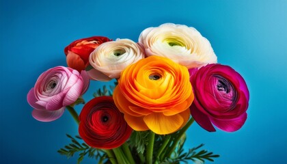 a bouquet of ranunculus flowers in various bright colors stands against a blue backdrop
