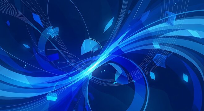 A dynamic abstract design showcases swirling, luminous blue shapes and lines, creating a futuristic and energetic visual experience.