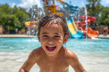 Pure Joy: Happy Child Laughing in a Water Park Pool on a Sunny Day
