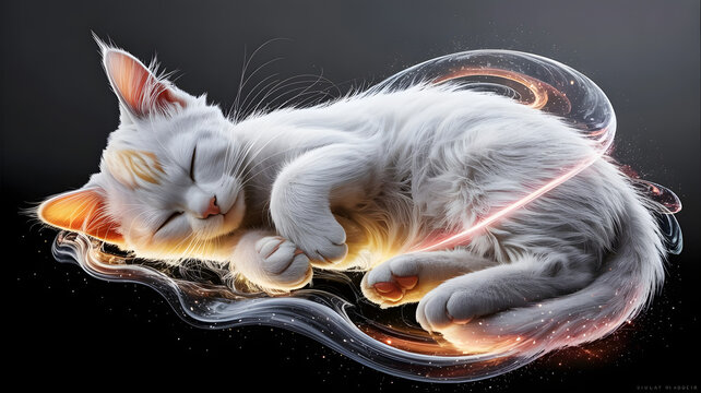A sleeping white cat with glowing energy around it, creating a magical and ethereal atmosphere on a black background