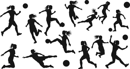 Women soccer players silhouette collection, football sport action, running, kicking ball, jumping, training, competition, teamwork, athletic movement, female athlete illustration