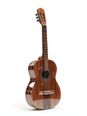 Obraz premium Exquisitely crafted wooden acoustic guitar standing vertically on a pure white background, showcasing its glossy finish and classic stringed instrument design, ideal for themes of music, performance