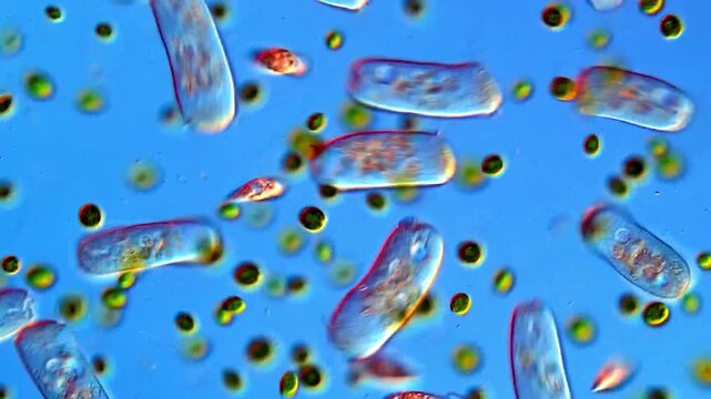 Green algae and protozoa microorganism under microscopy view 