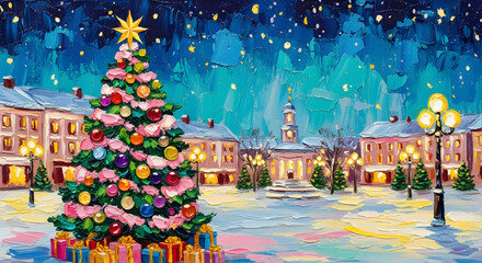 Obraz premium Vibrant Impasto Painting of a Christmas Tree with Ornaments and Gifts in Festive Town Square Under Starry Winter Sky | Perfect Wall Art, Frame TV & Holiday Background