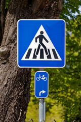 European Pedestrian Crossing Sign with Bicycle Direction Right Sign