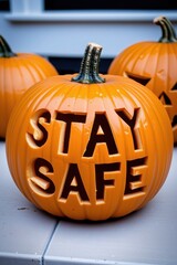 Carved Halloween Pumpkin with Stay Safe Message for Autumn Holiday Celebrations