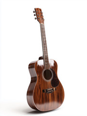 Obraz premium Elegantly designed wooden acoustic guitar, a symbol of artistic expression and soulful melodies, poised on a pristine white surface, inviting musical exploration