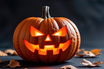 Spooky Halloween Pumpkin with Carved Face and Glowing Interior on Black Background