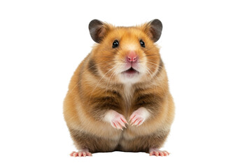 Isolated Golden Hamster Facing Camera, Small Rodent with Paws Raised, Cute Animal Portrait
