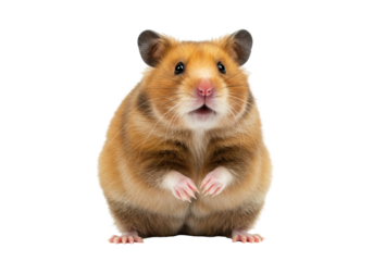 Isolated Golden Hamster Facing Camera, Small Rodent with Paws Raised, Cute Animal Portrait