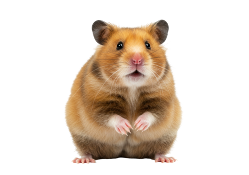 Isolated Golden Hamster Facing Camera, Small Rodent with Paws Raised, Cute Animal Portrait
