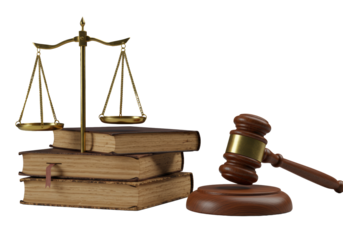 Dramatic macro close-up of a polished brass scale of justice, aged leather books, and mahogany gavel mid-descent on a gray background, chiaroscuro, concept of profound judgment