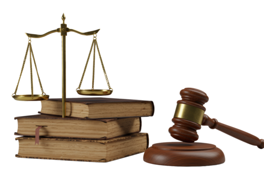 Dramatic macro close-up of a polished brass scale of justice, aged leather books, and mahogany gavel mid-descent on a gray background, chiaroscuro, concept of profound judgment