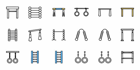 Diverse collection of gym equipment icons representing strength training and fitness activities for active lifestyles and sports themes