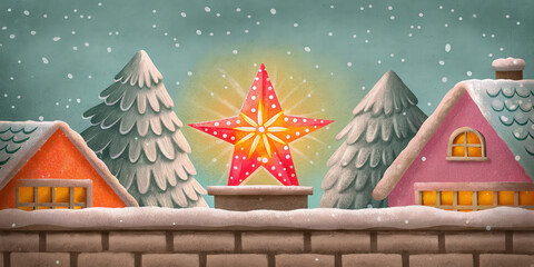 Christmas star glowing on snowy rooftop with holiday spirit and cozy lifestyle in winter village scene under falling snow