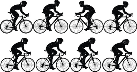Silhouette of cyclists riding road bicycles, professional biking athletes training outdoors, group cycling illustration, sports exercise, competitive endurance race design