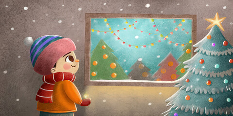 Joyful child in winter clothes enjoys holiday spirit by decorated Christmas tree with colorful lights and snow outside window
