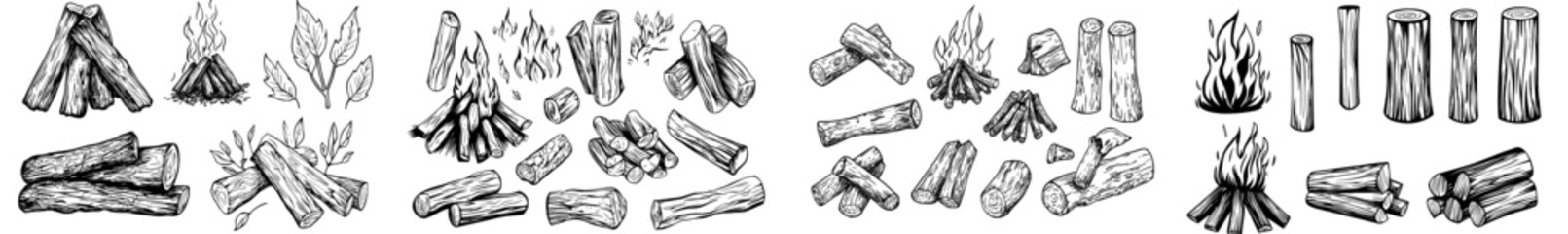 Camping is often represented by symbols such as campfires, logs, trees, mushrooms, paw prints, twigs, and firewood