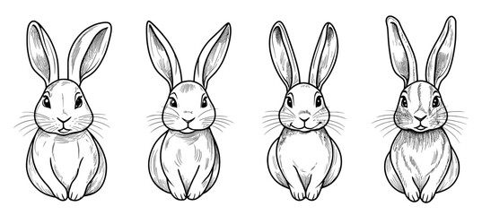 Cartoon bunnies in monochrome with diverse expressions and poses