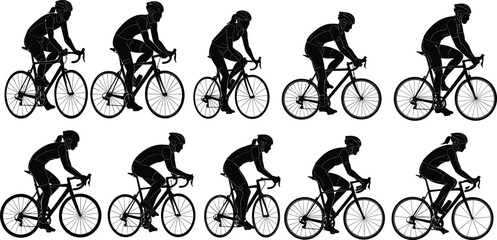 Silhouette of cyclists riding bicycles, professional road cycling athletes training, group of bikers illustration, sports fitness exercise, endurance competition design