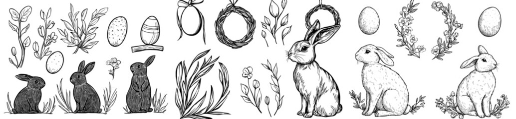 Silhouettes of rabbits in black and white are paired with Easter eggs and floral designs