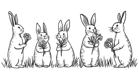 The image features rabbits in silhouette, posed in various ways and surrounded by flowers, all on a white background