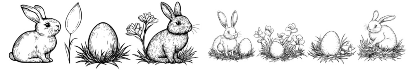 Silhouette images of bunnies and eggs are paired with floral patterns for Easter and spring themes